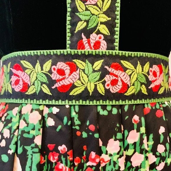 70s RK ORIGINALS true vintage BLACK velvet floral MAXI DRESS belt MEDIUM roses - Picture 9 of 12